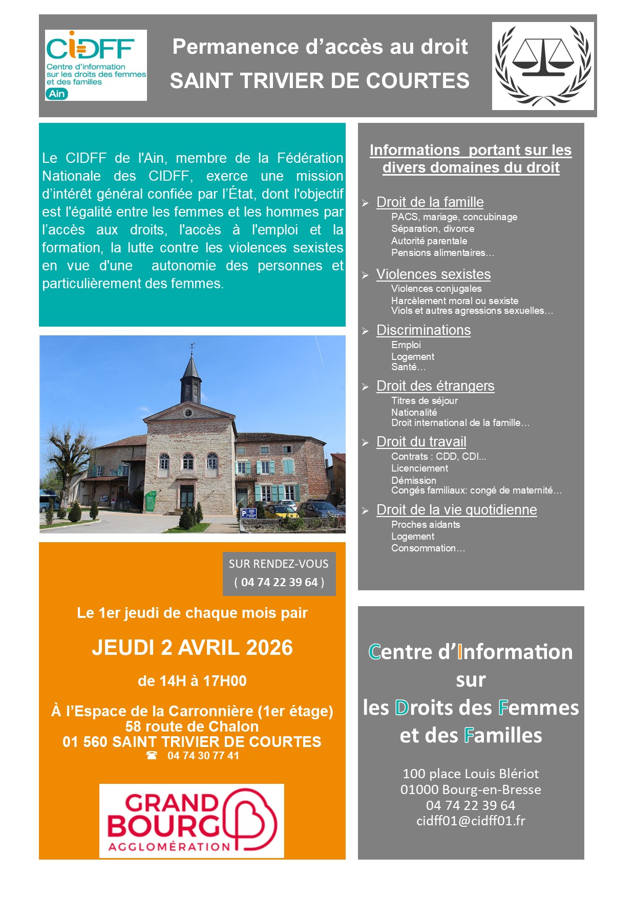 Affiche permanence juridique Saint Trivier Avril 2026